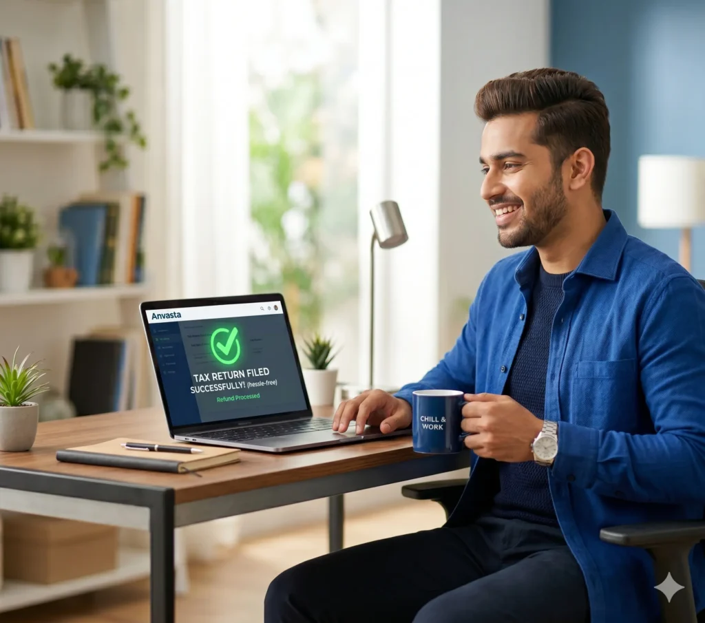 A happy young Indian professional smiling at his laptop screen in a bright home office after successfully filing his taxes. The laptop displays a green checkmark and the "Anvasta" logo, while he holds a blue coffee mug.