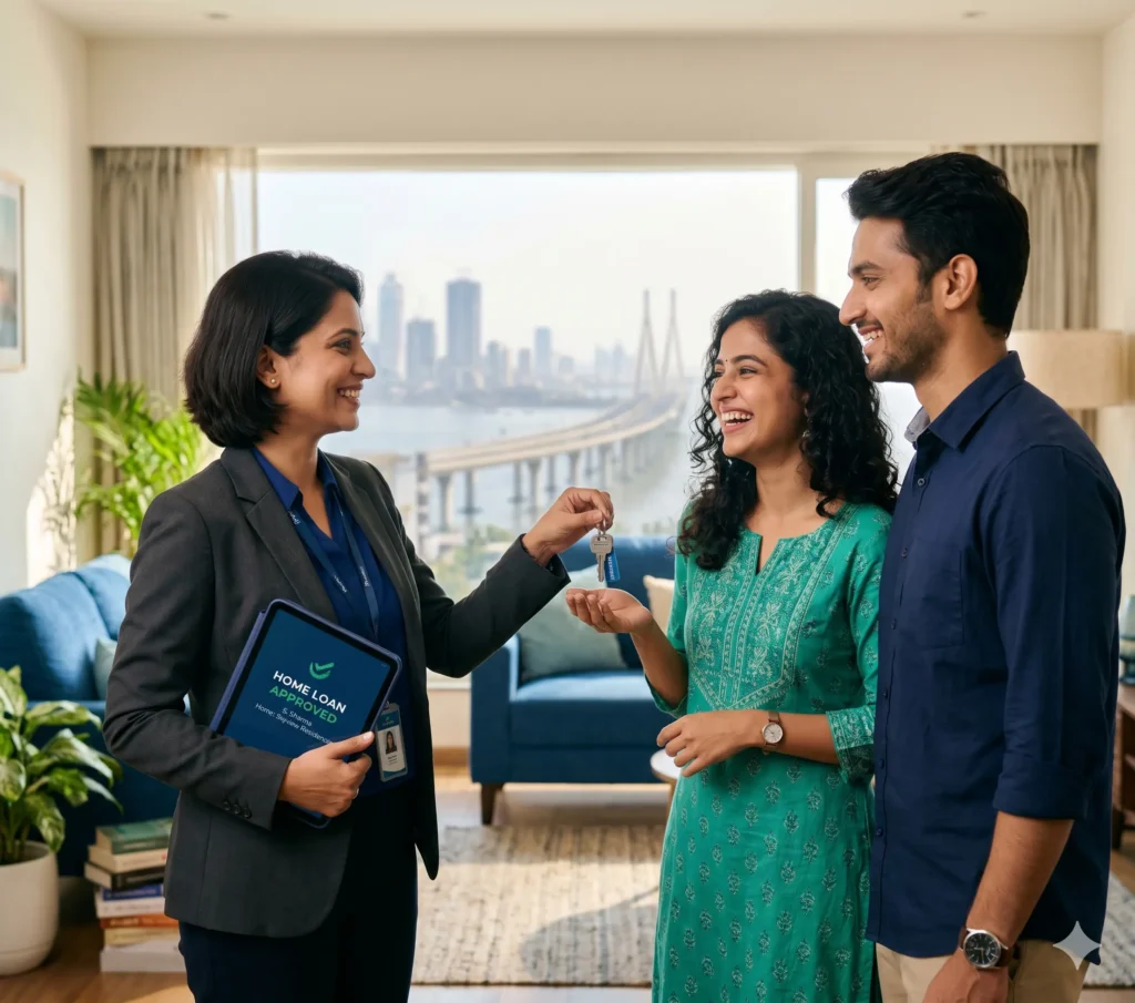A professional financial consultant handing house keys to a happy young Indian couple in their new modern home.