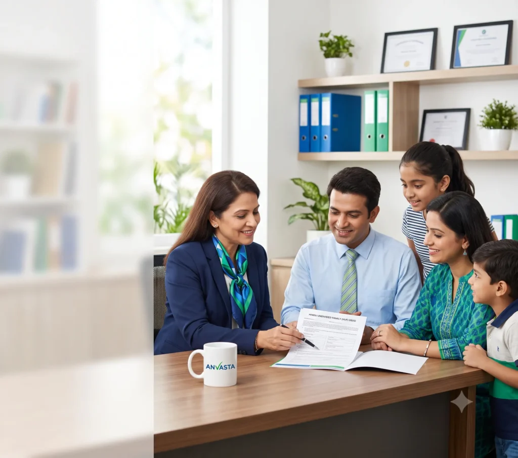 Gemini_Generated_Image_ln4mivln4mivln4m Expert CA from Anvasta providing HUF registration and corpus building advice to a family, representing secure financial planning and legacy building.